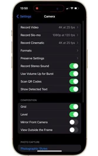 iPhone camera settings screen showing video resolution options