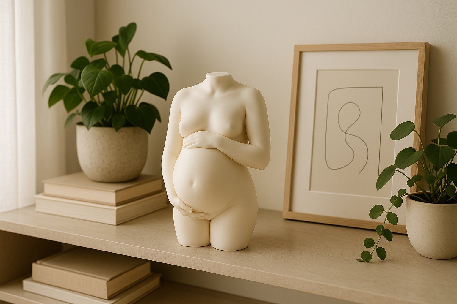 White pregnancy sculpture on a shelf at home