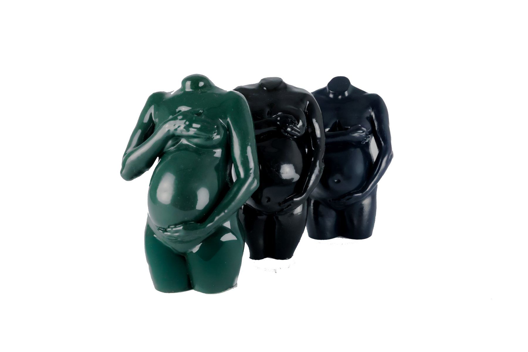 Three pregnancy sculptures in green and black finishes
